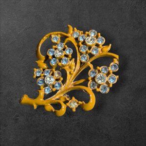 Vintage Yellow Floral Rhinestone Brooch Pin With Blue &‎ Clear Crystals